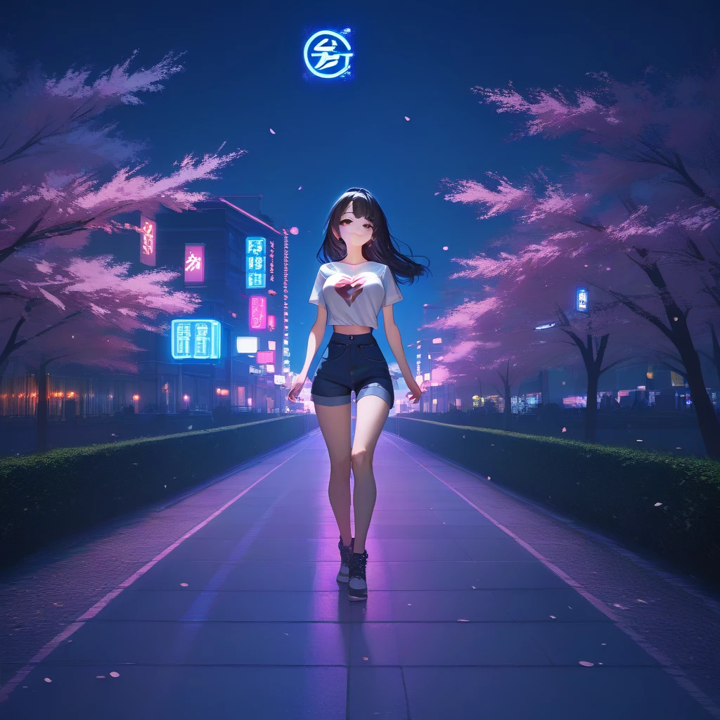 masterpiece, high quality, 16k resolution, detailed, beautiful anime girl, large breasts, slender waist, pale skin, black hair, fine hair, simple clothing, white T-shirt, no accessories, (looking away:1.4), (walking in neon-lit night city), spring season, comfortable weather, discovering beautiful night cherry blossoms, neon lights, joyful expression, looking up at cherry tree, stunning smile, beautiful eyes, delicate face, artistic, emotional depth, serene atmosphere, detailed background, breathtaking beauty, (MrKb), full body shot