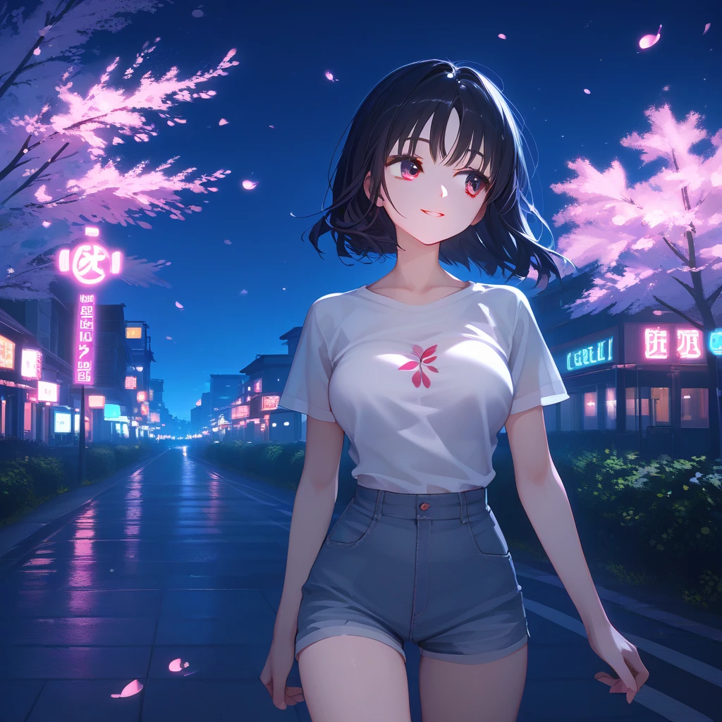 masterpiece, high quality, 16k resolution, detailed, beautiful anime girl, large breasts, slender waist, pale skin, black hair, fine hair, simple clothing, white T-shirt, no accessories, (looking away:1.4), (walking in neon-lit night city), spring season, comfortable weather, discovering beautiful night cherry blossoms, neon lights, joyful expression, looking up at cherry tree, stunning smile, beautiful eyes, delicate face, artistic, emotional depth, serene atmosphere, detailed background, breathtaking beauty, (MrKb), full body shot