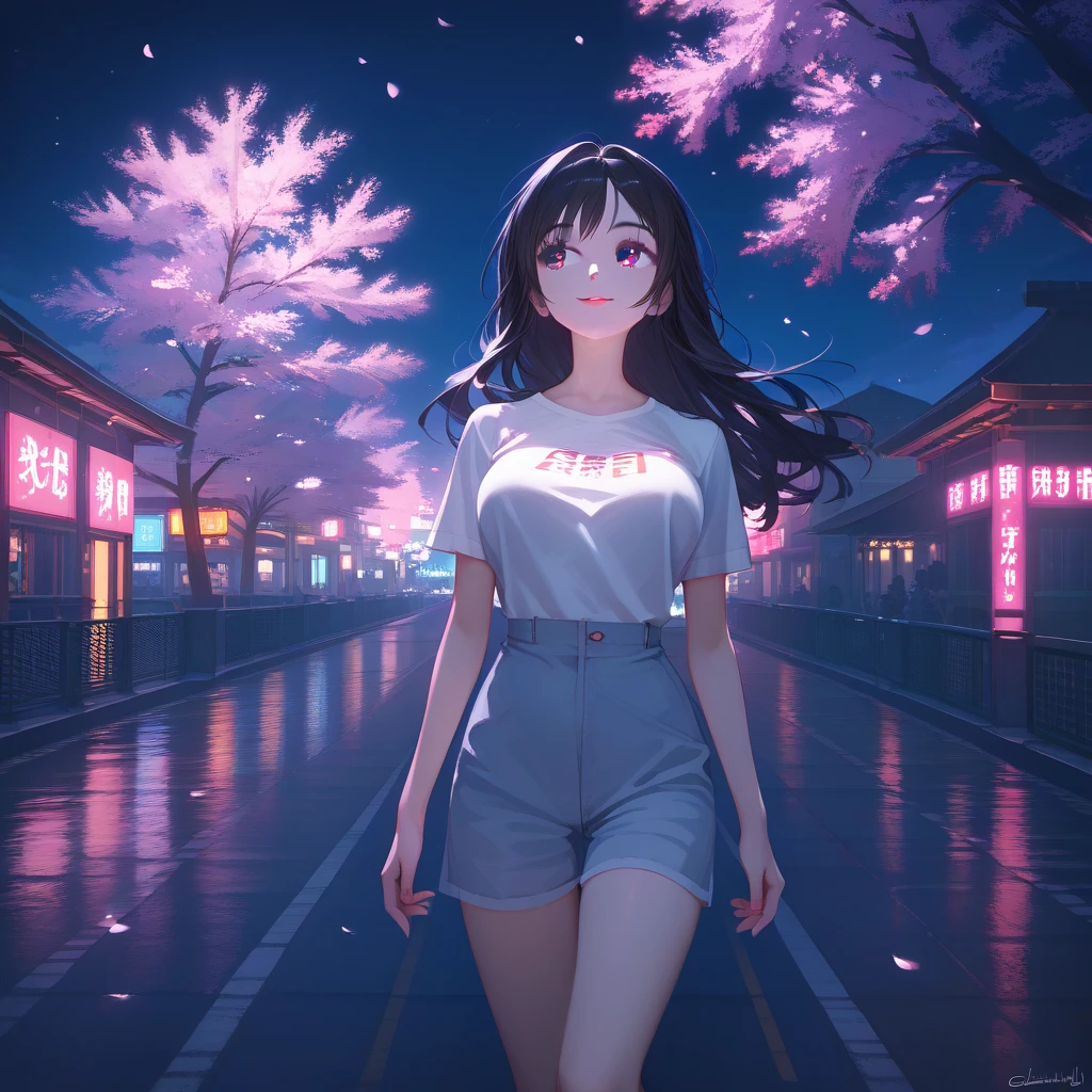 masterpiece, high quality, 16k resolution, detailed, beautiful anime girl, large breasts, slender waist, pale skin, black hair, fine hair, simple clothing, white T-shirt, no accessories, (looking away:1.4), (walking in neon-lit night city), spring season, comfortable weather, discovering beautiful night cherry blossoms, neon lights, joyful expression, looking up at cherry tree, stunning smile, beautiful eyes, delicate face, artistic, emotional depth, serene atmosphere, detailed background, breathtaking beauty, (MrKb), full body shot