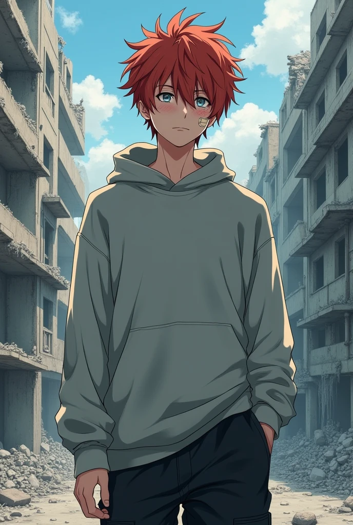 Japanese boy wearing an oversized grey sweater. The sleevers hide his hands. He is wearing a black cargo short. The boy have short red not orange messy hair. He have bruises under his eyes and a bandage on his cheek. He have pale blue eyes. He is handsome. His face is the most visible. Anime. He stands in front of a destroyed building.
