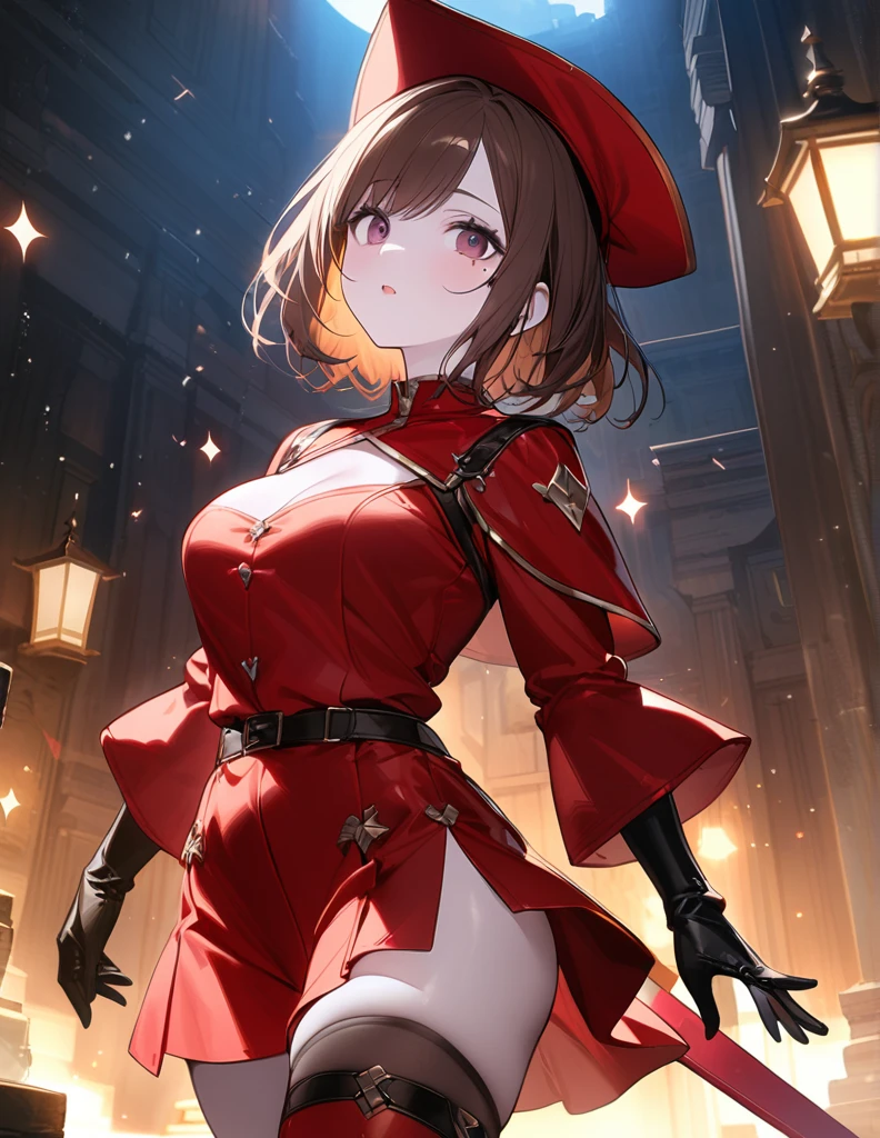 (One Woman),(Best image quality, 32K, masterpiece:1.3),((Brown medium hair:1.1)),(Swept-apart bangs,), (Cute eyes, Dark Eyes), (Detailed eyes),(Mole under right eye), (Standard weight), (Glowing Skin:1.1),(Pale skin:1.2),(A fantastic atmosphere),(look up),Ultra-high resolution, Textured skin, Sparkle Effect, whole body,absolute thigh area,Red Mage,Panty shot,

Red Musketeer Outfit,Red Musketeer&#39;s White Feathered Hat,Have a rapier,Cast magic,Put fire out of your hands,magic circle,Red Cape,Black scarf,Red, luxurious long boots,Black Mini Skirt,Red luxurious long gloves,Leg belt,Leg Ring,Rapier sheath,Black lace panties,

Slanted Eyes, 

Ancient temple,