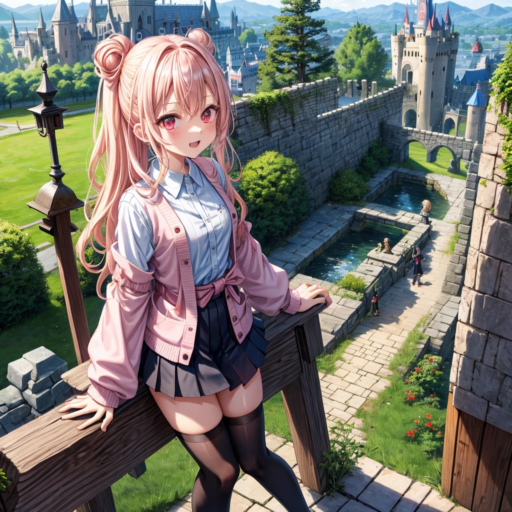 Pink Blonde、Red eyes、Wavy Hair、Hair tied up、Two cute、Checked mini skirt、black t-shirts、cardigan、Knee-high socks、Teeth are visible、Monster Castle、Tilting face、windmill、grass、Stones are growing out of the ground.、In front of the city gates、Underground tunnels、Water flows from the castle、Wooden bridge、The stone is cracked、Ashura Statue、Giant wood