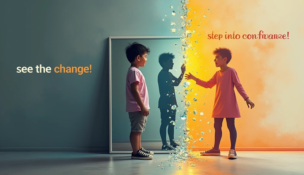 Mirror Reflection: A split image where one side shows a shy, nervous person looking into a mirror, and the reflection shows the same person looking confident and smiling. The background on the "shy" side is dull and gray, while the "confident" side is bright and colorful. Text: "See the Change!" in bold, contrasting colors.Shadow Transformation: A person standing with their back to the viewer, casting a shadow on the wall. The shadow shows a powerful, confident figure with a strong stance, even though the person appears small and timid. The background should be a gradient from dark to light. Text: "Step into Confidence" in a strong, bold font.Breaking Free: A person breaking through a glass barrier, with shards flying everywhere. On one side of the barrier, the person appears shy and hesitant, while on the other side, they are walking forward confidently. The colors should transition from cool, muted tones to warm, vibrant hues. Text: "Break Your Limits!" in a bold, dynamic font.