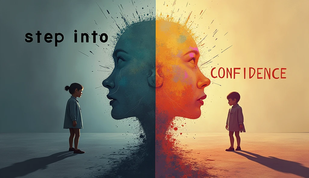 Mirror Reflection: A split image where one side shows a shy, nervous person looking into a mirror, and the reflection shows the same person looking confident and smiling. The background on the "shy" side is dull and gray, while the "confident" side is bright and colorful. Text: "See the Change!" in bold, contrasting colors.Shadow Transformation: A person standing with their back to the viewer, casting a shadow on the wall. The shadow shows a powerful, confident figure with a strong stance, even though the person appears small and timid. The background should be a gradient from dark to light. Text: "Step into Confidence" in a strong, bold font.Breaking Free: A person breaking through a glass barrier, with shards flying everywhere. On one side of the barrier, the person appears shy and hesitant, while on the other side, they are walking forward confidently. The colors should transition from cool, muted tones to warm, vibrant hues. Text: "Break Your Limits!" in a bold, dynamic font.