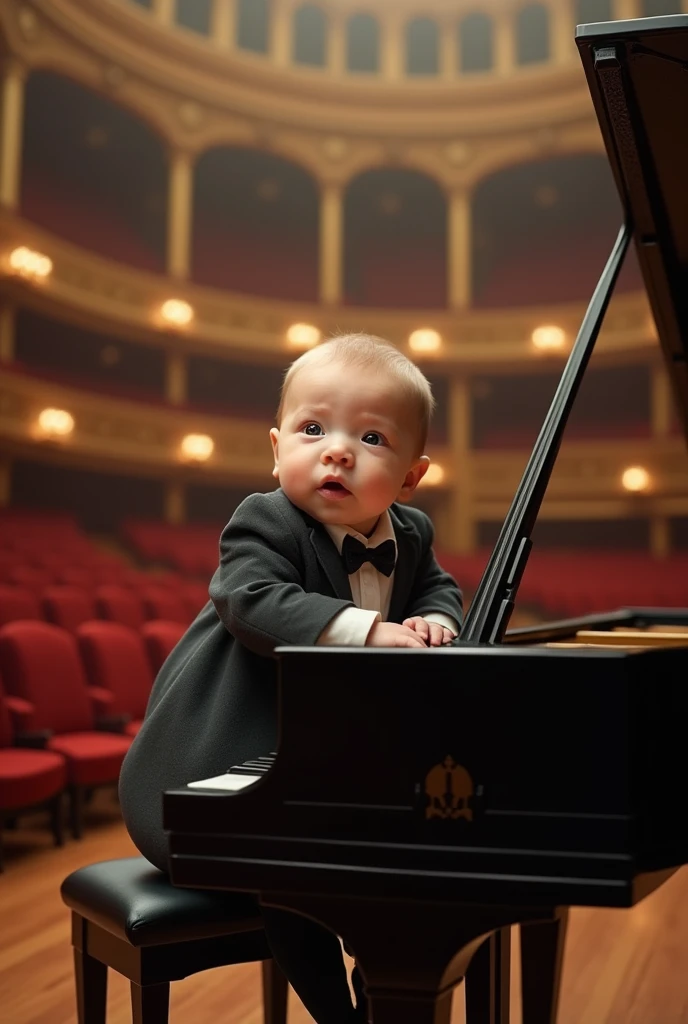 Newborn baby dressed as an orchestra player playing on a grand piano in a large hall