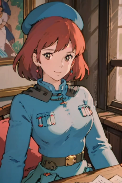 masterpiece, high quality, 1girl,, (masterpiece:1.4), (best qualit:1.4), (high resolution:1.4), 1girl, redhead, big breasts, muscular body, brown eyes, smile, Nausicaa, sit on a chair, colorful, upper body, ghibli style, sfw,  facing the viewer, looking at the viewer, blue uniform, blue skirt, belt, (blue beret)