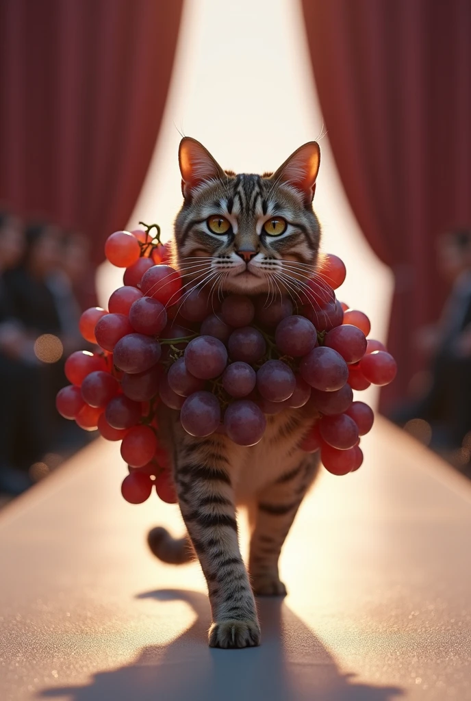 (photorealism:1.2), a cat wearing grapes all over her body, walking on the runway 