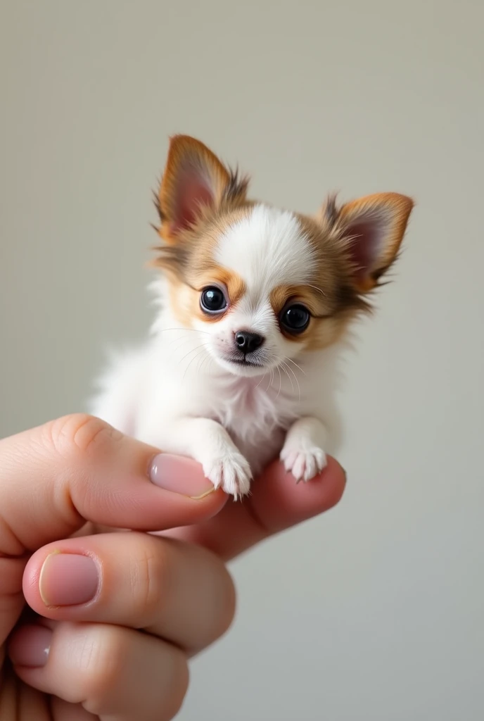The world&#39;s smallest Papillon, （fur white&Sable）Resting on someone&#39;s finger, is definitely cute and attractive. This picture is very realistic、It accurately captures the subtle features of a small puppy.。.