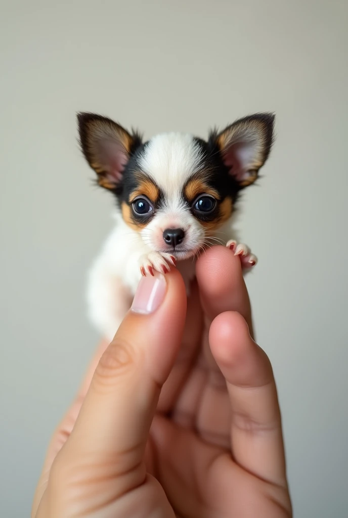 The world's smallest Papillon, (fur white&Sable)Resting on someone's finger, is definitely cute and attractive. This picture is very realistic、It accurately captures the subtle features of a small puppy.。.