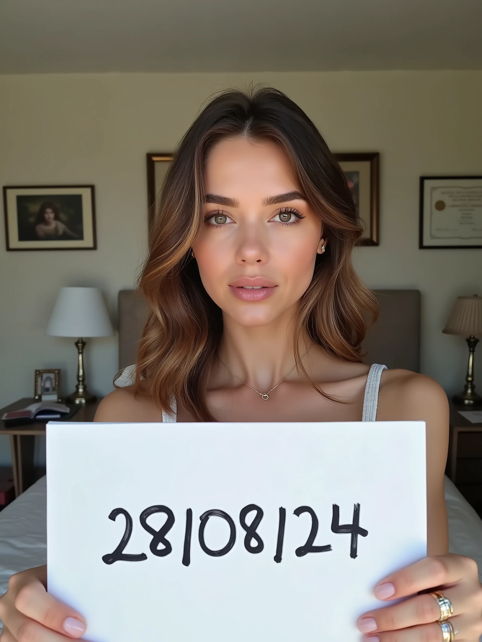 a very beautiful woman taking a selfie in her bedroom. He is holding a white piece of paper with the date "28/08/24" written on it in bold black ink and it look like real human handwritten. The woman is in a room with light-colored walls, and the background includes some framed items on the wall, possibly certificates or pictures, along with a desk that has various objects, including a lamp and some papers. The lighting in the room is natural, and the woman is looking directly at the camera with a neutral expression.