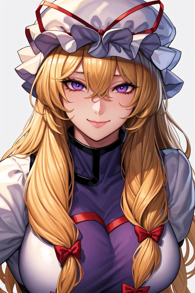 Simple White Background,
dynamic pose,standing,
{yakumo_yukari_Touhou:1.15}
blonde_hair, ribbon, hat, long_hair, mob_cap, hat_ribbon, red_ribbon, smile, white_headwear, bangs, bow, breasts, purple_eyes, hair_between_eyes, hair_bow, tabard, large_breasts, very_long_hair,
1 girl, 20yo,Young female,Beautiful long legs,Beautiful body, facing the front.
Beautiful Nose,Beautiful character design, perfect eyes, perfect face,expressive eyes,perfect balance,
looking at viewer,(Focus on her face),closed mouth, (innocent_big_eyes:1.0),(Light_Smile:0.3),
official art,extremely detailed CG unity 8k wallpaper, perfect lighting,Colorful, Bright_Front_face_Lighting,White skin,
(masterpiece:1.0),(best_quality:1.0), ultra high res,4K,ultra-detailed,
photography, 8K, HDR, highres, absurdres:1.2, Kodak portra 400, film grain, blurry background, bokeh:1.2, lens flare, (vibrant_color:1.2),professional photograph,
(Beautiful,large_Breasts:1.4), (beautiful_face:1.5),(narrow_waist),