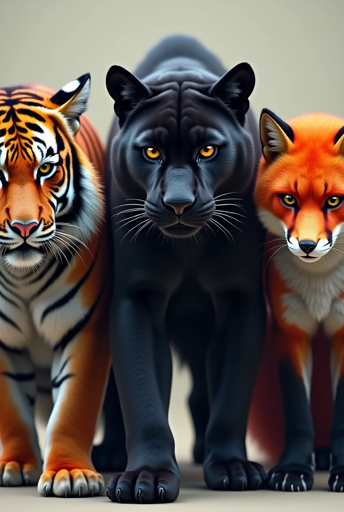 There should be three animals: the tiger on the left, the black panther next to it, and the red fox on the right they need ti be serious and the rex fox should look like red fox and they should be in same size