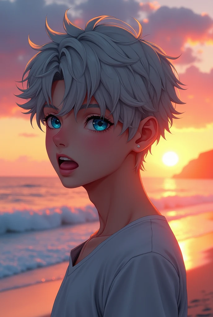 Gray Hair、blue eyes、Beautiful Boy、Earrings、Handsome、Beautiful Boy、tongue、Sunset、beach