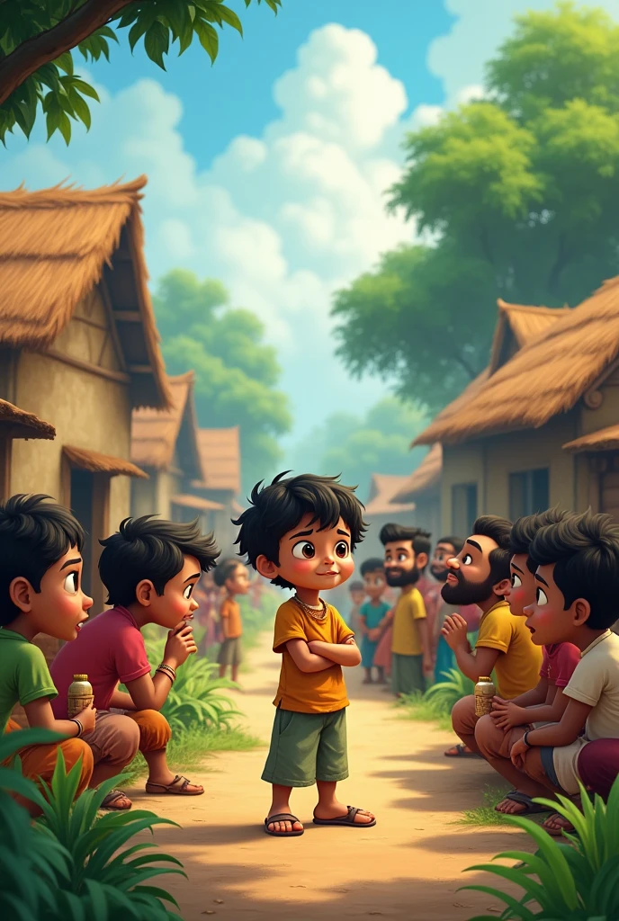 **Title:** "Chintu’s Clever Plan"
**Scene 1: The Village**
- **Description:** A picturesque, small Indian village with traditional houses and lush greenery. Villagers are seen looking worried and discussing among themselves.