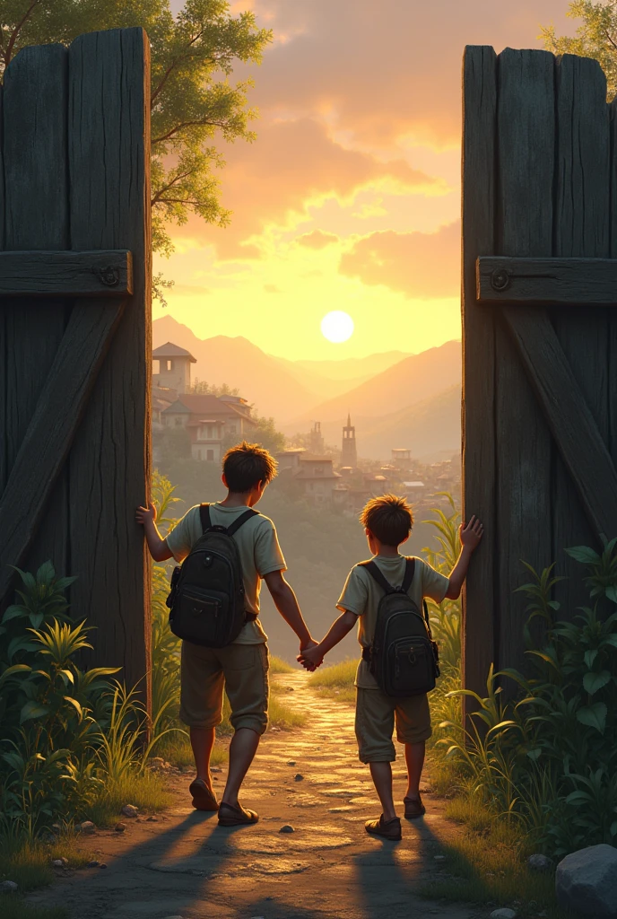 The 2 boy(traveller) trying to open the huge gate which was the border of the village at dawn .