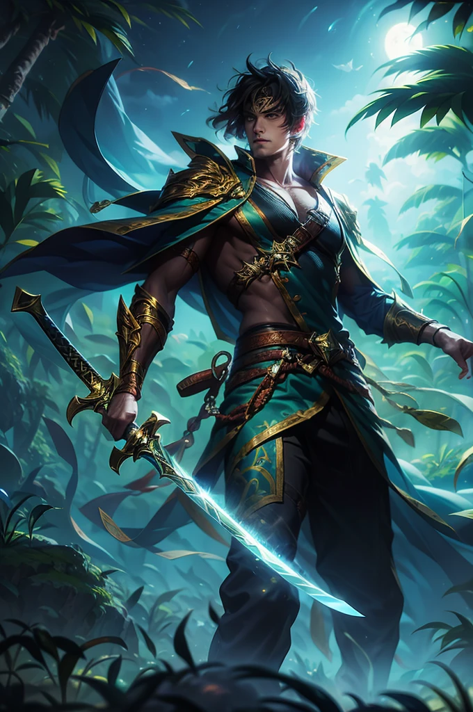 a man with a sword in his hand in a fantasy tropical forest background at night