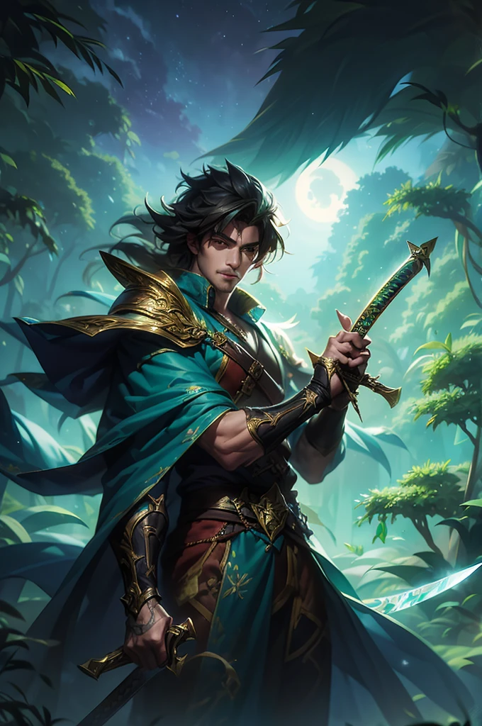 a man with a sword in his hand in a fantasy tropical forest background at night