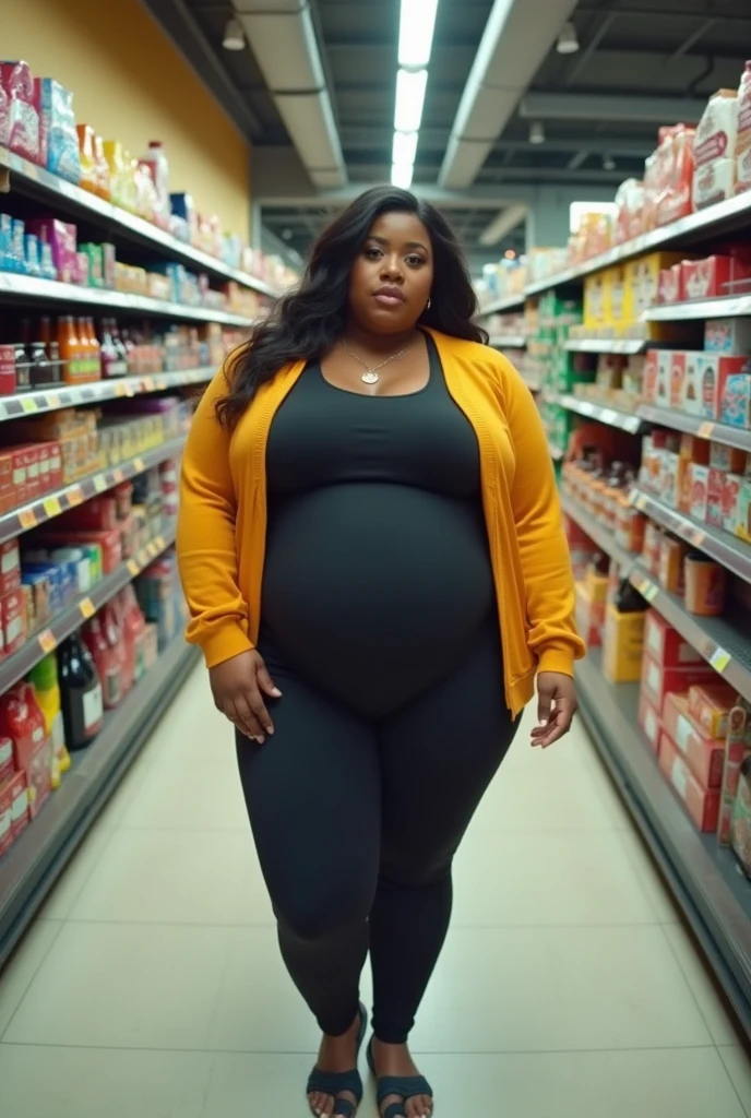 Your POV view of Cardi B&#39;s stepmother with a plus size body wearing gym clothes who is heavily pregnant is taking you to the supermarket while shopping.. fisheye camera view, iphone camera style. HD, realface, cinematic