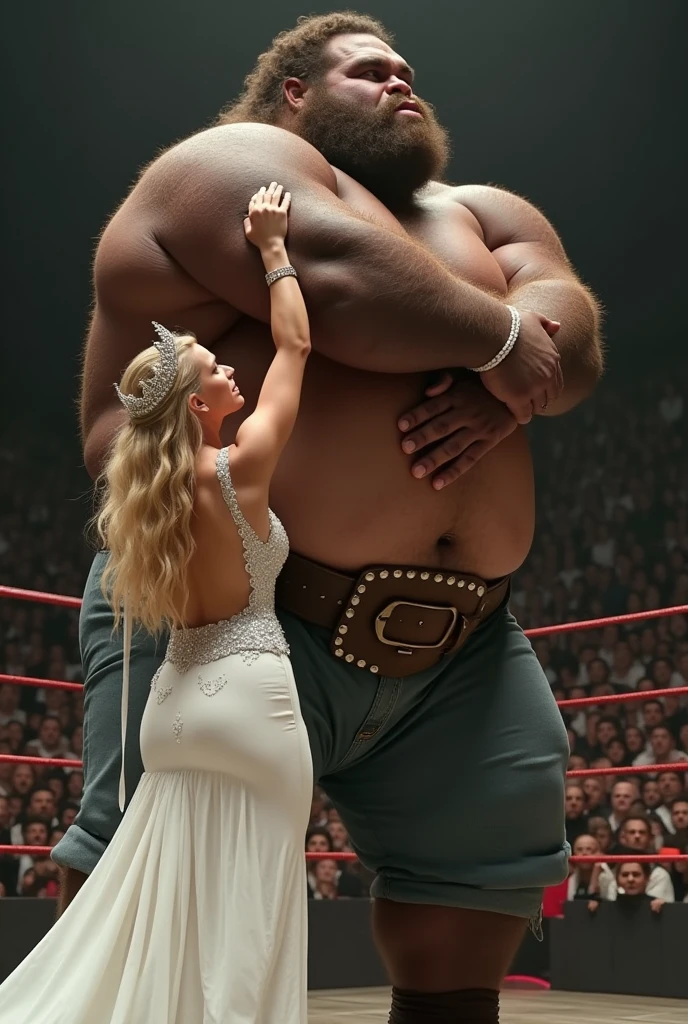 1man, 1woman. A beautiful and extremely muscular princess holds a very large man over her head. Gorilla press wrestling move. He is lying horizontally above her head. The princess is Robin Wright as Buttercup in the Princess Bride. She has long blonde hair and wears a white bridal dress and a silver crown. The princess is facing the viewer. The man is Andre the Giant as Fezzik. Obese, with gigantism, much larger than her, over 7 feet tall and 500 pounds. He has curly brown hair, and sideburns but beardless. He wears a loose gray shirt, simple blue pants and a wide leather belt.