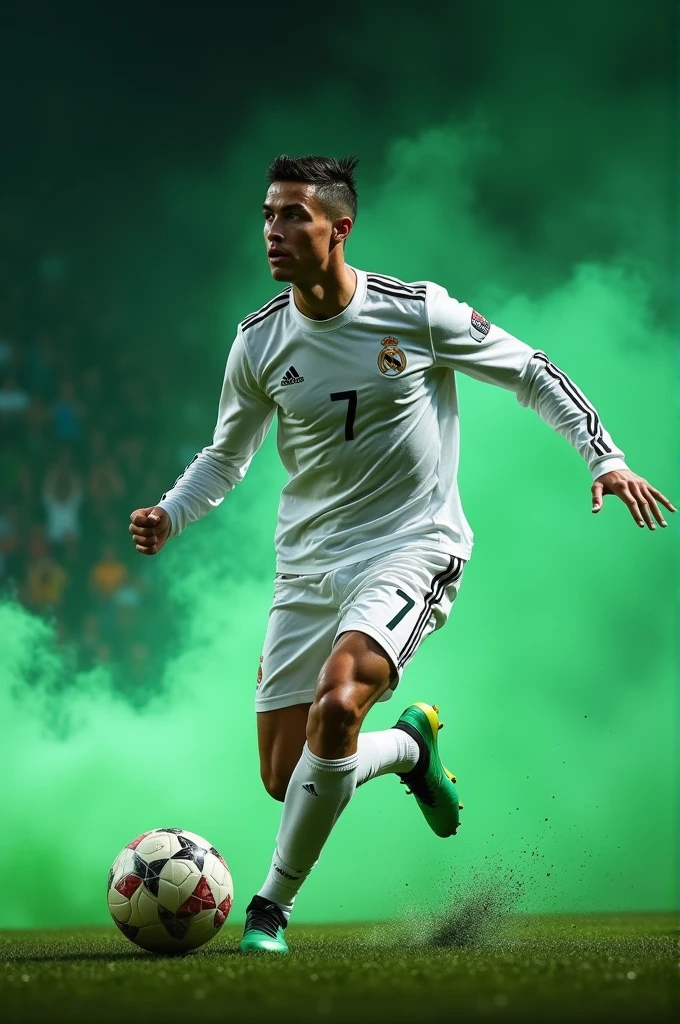 A striking image for the cover of a YouTube channel about football and Cristiano Ronaldo could include a dynamic action of the player, with his iconic number 7 prominently displayed. Vibrant colors like the green of the field and the white of your team would enhance the excitement of football.