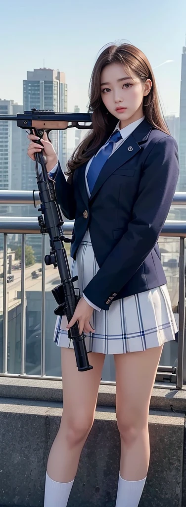 1 Female、(so beautiful)、(Beautiful Face:1.5)、(Detailed face)、standing、(HigH-scHool uniform)、Dark blue jacket、wHite sHirt、tie、Checked mini skirt、Brown Hair、(Heavy makeup)、(Holding rifle)、(Aim the rifle:1.5)、H&Khk416、(On tHe roof of a HigH-rise building)