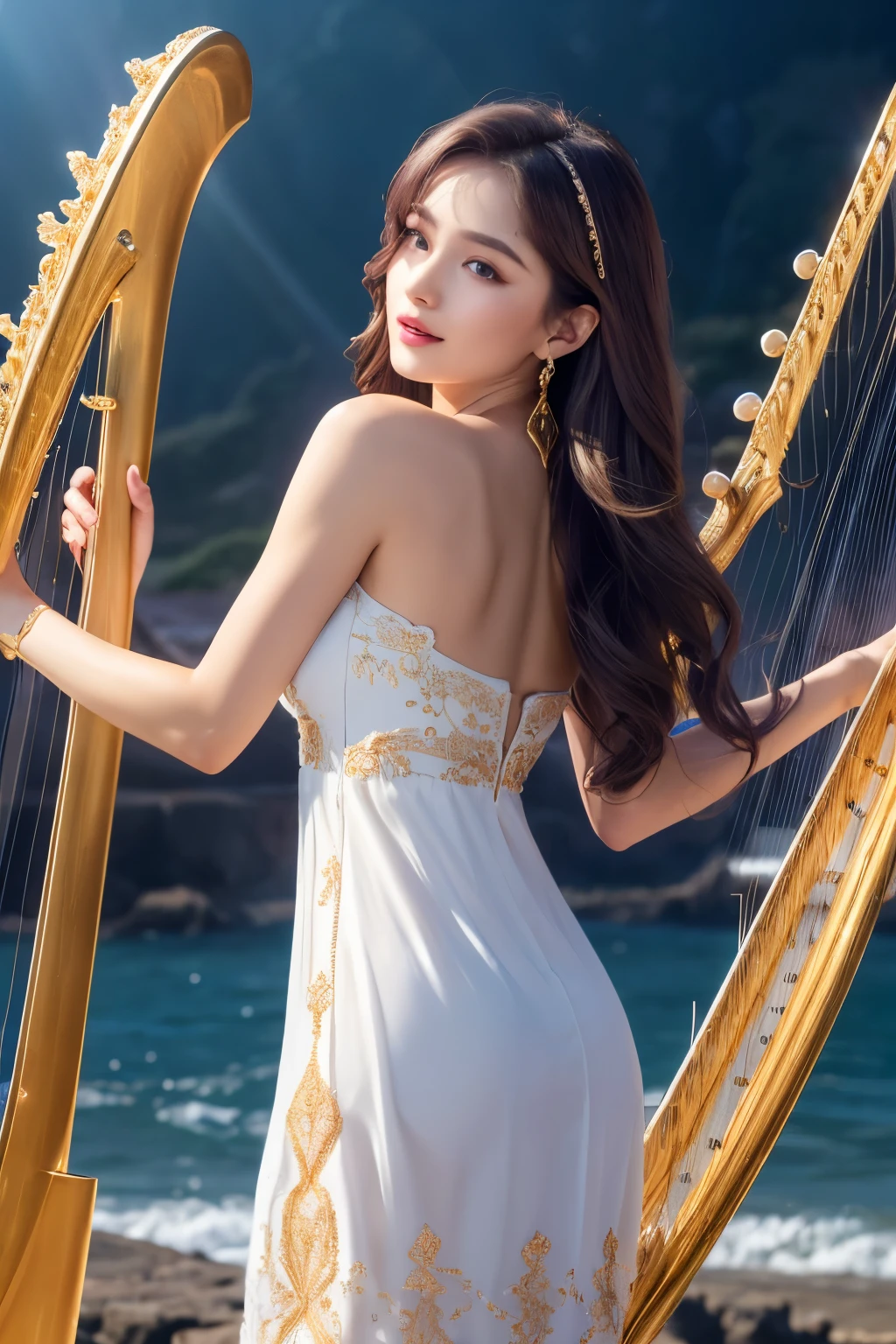 high quality work，Realistic artwork，Ultra Premium Graphics，8k HD CG作品，High quality graphics，High-definition and sophisticated CG work，10x pixels，Ultra-fine detail：1.1，Advanced Technical Details：1.1Realistic photo effects，Indoor lighting effects：1.5，Natural soft light：1.5. Light effects（Virtual Light Effects：1.8），Ultra-high resolution，Shiny Dress，Silver long hair，Silver Hair，Transparent Hair，Hair with attention to detail（High quality hair detail：1.1）Clear Eyes，Double eyelids are beautiful，Sharp eye makeup, Creates exquisite eyelash makeup, tthin eyebrows, Very fine eye，High nose, Beautiful red lips, Rosy Cheeks, Delicate makeup applied , Pretty face, The face shape is perfectly balanced,（Advanced Face Detail：1.1） (Extremely detailed CG),(((8k))),wallpaper,((Very sophisticated and beautiful)),(((masterpiece))),(((Highest quality))),(((Ultra-high resolution))),Beautiful lighting,Perfect Lightning,Realistic shadows,(Smooth and perfect white skin:1.5),Extremely detailed facial details,(Very detailed:1.5),((Beautiful girl)),(singer:1.2),(Medium wavy purple hair:1.2),(Small Head:1.2),(Narrow Face:1.2),(Exquisite makeup:1.3),(Earrings:1.2),(necklace:1.2),(Happy:1.2),(Laughter:1.2),(Perfect body:1.1),(Gorgeous one-shoulder blue Indian gauze dress with gold embroidery:1.3),(Lace gloves:1.2),(Small breasts:1.2),(Flat Chest:1.2),((slim,thin)),(From the back:1.3),(Upper body close-up:1.3),(Are standing:1.3),(On the seaside cliff:1.3),(Outdoor:1.2),Dark Clouds,The light shines,(Next to the harp:1.3),Dynamic Lines,Flying notes,Notes as brilliance,A confident gaze,Graceful posture,Mysterious atmosphere,Solemn Mood,light,Deep blue sky,Dawn is approaching,Detailed decoration,(Harp strings of different colors:1.2) ，Women artwork，Dress full body video，reality，Great cleavage，Your eyes are shining brightly today
