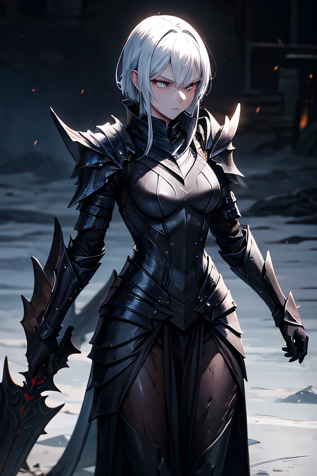 A slender female dragon knight in battle-worn, (((jet-black))) dragon-scale armor,revealing a sweat-drenched face smeared with mud. She exhales deeply, her lance stained with battle, standing under the soft moonlight, exhaustion and determination mixed in her eyes.
