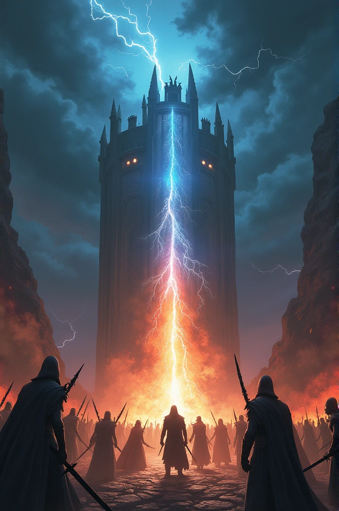 A dramatic scene featuring a dark fortress surrounded by swirling mists and molten lava, with a central focus on a radiant crystal being protected by brave heroes. The sky above is tumultuous, with flashes of lightning and dark storm clouds, while the heroes are engaged in a fierce battle against shadowy, menacing figures. The crystal’s light contrasts starkly with the encroaching darkness, symbolizing the struggle between good and evil.