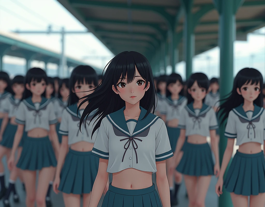 (((((Japanese Clone-girls=Myself))))), (((Super Best masterpiece Clone-girls Raw Photography Art))), (((16K, Highest quality, Ultra-high resolution, RAW Photos))), (((It's so unrealistic., With unparalleled depiction, With an unfathomable sight, An unprecedented and shocking worldview, Clone-girls: In a world of mass reproduction, Ultra-realistic))), (((Japanese Girls, Yokoyama-Yui, 18yo, Small face, Thick black hair, long hair, Dark Eyes, Mature face, Cute Smile, Smiling face, A gentle gaze, (((Very pleasant look)))))), (((Very beautiful detailed girls, Accurate body structure, Accurate body movements, Very detailed body, (((Super big breasts, Large bulge of ample breasts)))))), (((High school girl's summer uniform, Short sleeve, mini skirt, hour々I can see your pants, Cleavage Emphasis, Emphasise the fullness of your breasts))), ((((((((Very detailed, Myself cloning, Depiction of splitting oneself, 1Myself girl→1,000,000,000,000,000,000,000,000,000,000Myself cloning girls)))))))), (((((((Myself clone-girlsから, Myself keeps multiplying, (Very detailed and intricate, To the exact, Flawless, (((In the same female body,With the same face, With the same hairstyle, In the same clothes, At the same height, 同じSuper big breastsである))), In a detailed depiction), 1,000,000,000,000,000,000,000,000,000,000 people))))))), (((((Myself girls only))))), (((((1,000,000,000,000,000,000,000,000,000,000Myself girls))))), Myself waiting for a train on the platform at a station in Japan, Where the wind blows, A super crowded scene, Clear and accurate perspective depiction, Ultra-wide field of view, wide view, Focus on the average value of the image