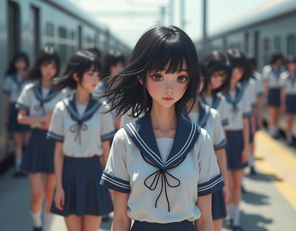 (((((Japanese Clone-girls=Myself))))), (((Super Best masterpiece Clone-girls Raw Photography Art))), (((16K, Highest quality, Ultra-high resolution, RAW Photos))), (((It&#39;s so unrealistic., With unparalleled depiction, With an unfathomable sight, An unprecedented and shocking worldview, Clone-girls: In a world of mass reproduction, Ultra-realistic))), (((Japanese Girls, Yokoyama-Yui, 18yo, Small face, Thick black hair, long hair, Dark Eyes, Mature face, Cute Smile, Smiling face, A gentle gaze, (((Very pleasant look)))))), (((Very beautiful detailed girls, Accurate body structure, Accurate body movements, Very detailed body, (((Super big breasts, Large bulge of ample breasts)))))), (((High school girl&#39;s summer uniform, Short sleeve, mini skirt, hour々I can see your pants, Cleavage Emphasis, Emphasise the fullness of your breasts))), ((((((((Very detailed, Myself cloning, Depiction of splitting oneself, 1Myself girl→1,000,000,000,000,000,000,000,000,000,000Myself cloning girls)))))))), (((((((Myself clone-girlsから, Myself keeps multiplying, (Very detailed and intricate, To the exact, Flawless, (((In the same female body,With the same face, With the same hairstyle, In the same clothes, At the same height, 同じSuper big breastsである))), In a detailed depiction), 1,000,000,000,000,000,000,000,000,000,000 people))))))), (((((Myself girls only))))), (((((1,000,000,000,000,000,000,000,000,000,000Myself girls))))), Myself waiting for a train on the platform at a station in Japan, Where the wind blows, A super crowded scene, Clear and accurate perspective depiction, Ultra-wide field of view, wide view, Focus on the average value of the image
