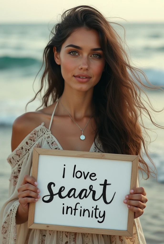 Beautiful girl with wavy long hair, bohemian dress, holding a white board with text "I Love Seaart Infinity" and showing it to the viewer