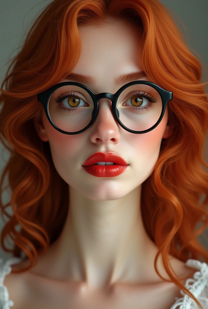 A pretty red head lady with caramel eyes cherry red lips soft curls and wearing black spectacles which makes her look more pretty 