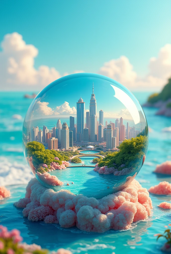 mini(Ttp), (8k, raw photo, Best Quality, masterpiece:1.2), colorful background, clean background, depth of field, city, tall building, thumbnail, landscape, isometric,in crystal ball, 16:9, playa, Waves