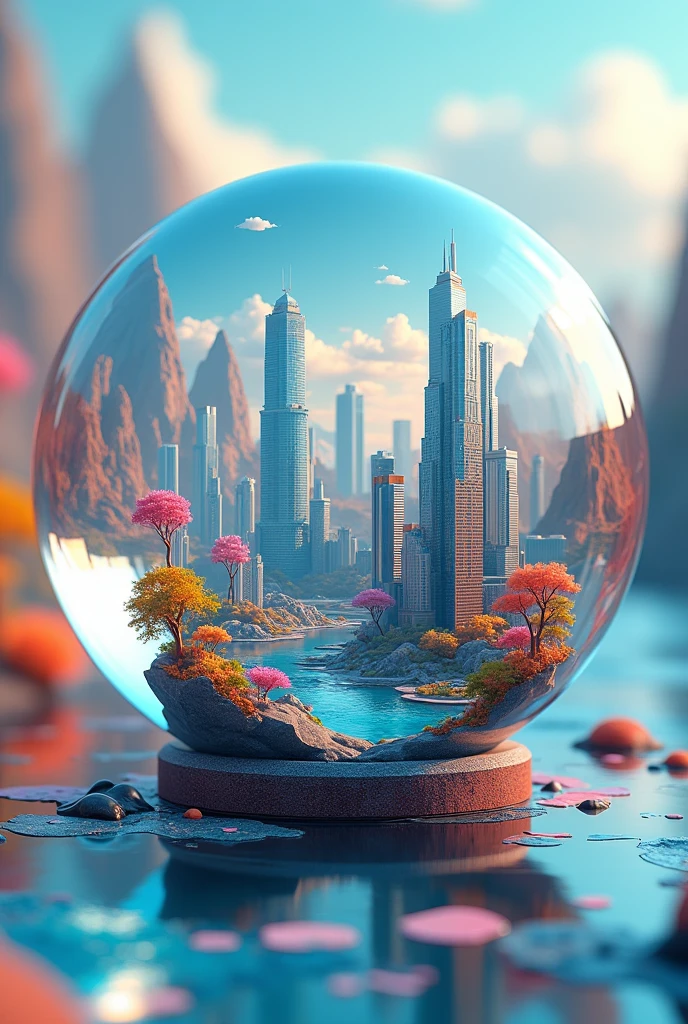 mini(Ttp), (8k, raw photo, Best Quality, masterpiece:1.2), colorful background, clean background, depth of field, city, tall building, thumbnail, landscape, isometric,in crystal ball, 16:9, playa, Waves