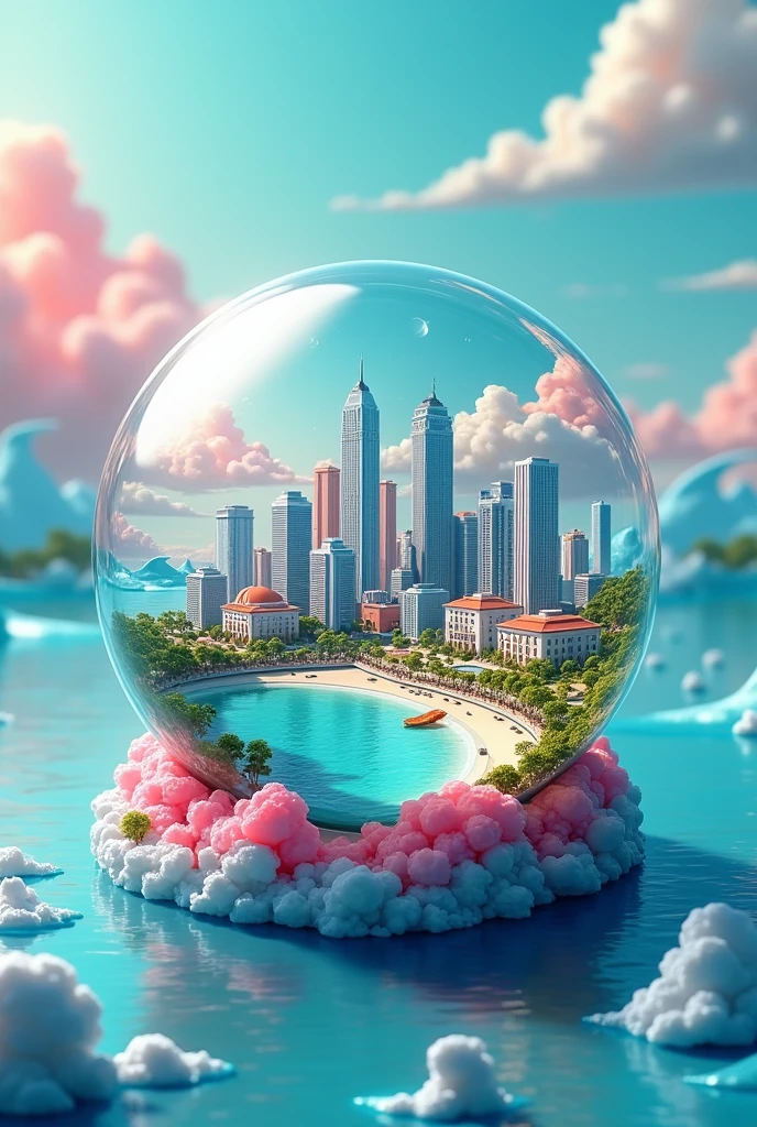 mini(Ttp), (8k, raw photo, Best Quality, masterpiece:1.2), colorful background, clean background, depth of field, city, tall building, thumbnail, landscape, isometric,in crystal ball, 16:9, playa, Waves