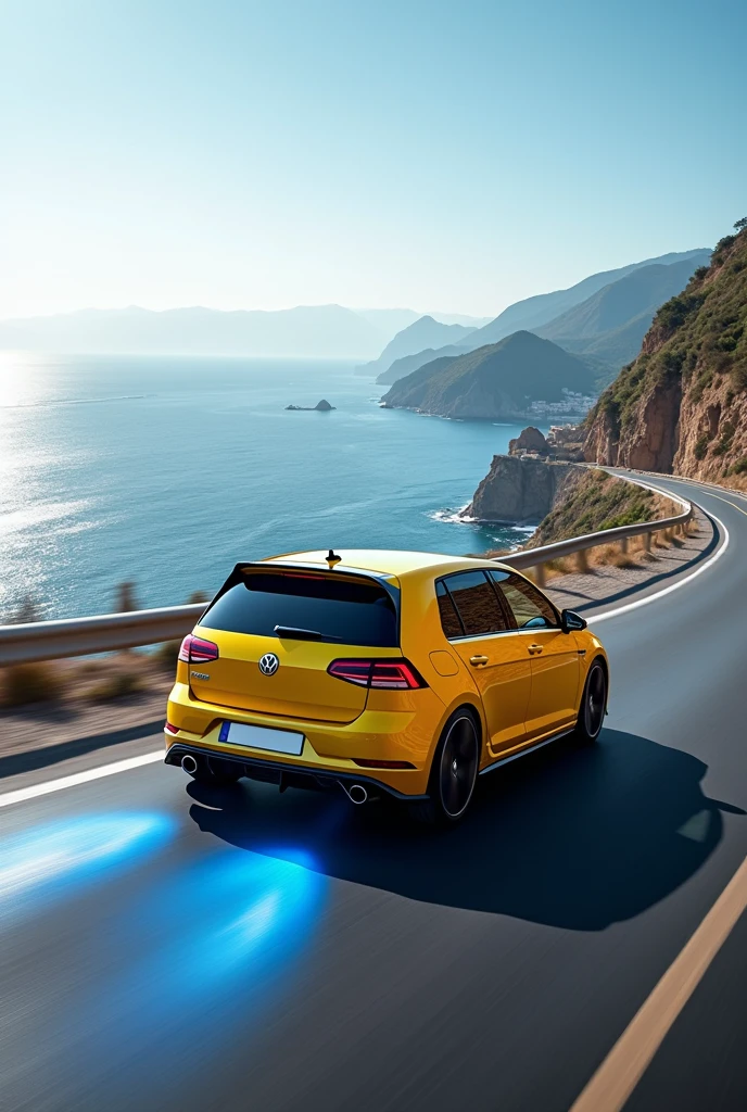Yellow Volkswagen golf RS with blue blinks in the highway to the sea