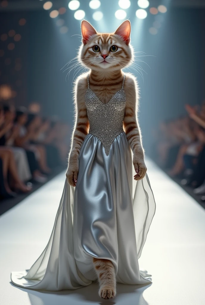 (photorealism:1.2), a cat wearing silver satin gown, walking on the runway 