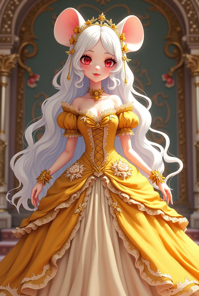 (best quality,4k,8k,highres,masterpiece:1.2), ultra-detailed, Pretty albino girl has a princess, drawn in 2D anime style, steampunk, wearing a yellow princess gown with puffy sleeves, steampunk, gorgeous frilly dress design,flowing gown,elaborate lace details,rich textures,contrast stitching,delicate ribbon bows, fish scales pattern accents, flowers embroidery, full skirt,short sleeves,fitted waistline,flared cuffs,lace-up back,luxurious fabrics,flawless silhouette, long curly white hair and red eyes, white fur, smiling, mouse ears and tail, ribboned high heels, white elbow evening gloves, gold bracelets, tiara made of seashells, beautifully detailed lips with lipstick, long eyelashes, eyeshadow, seashell necklace, in a castle bedroom with intricate decoration and luxurious furniture, flower wallpaper, she is happily checking her new princess dress.