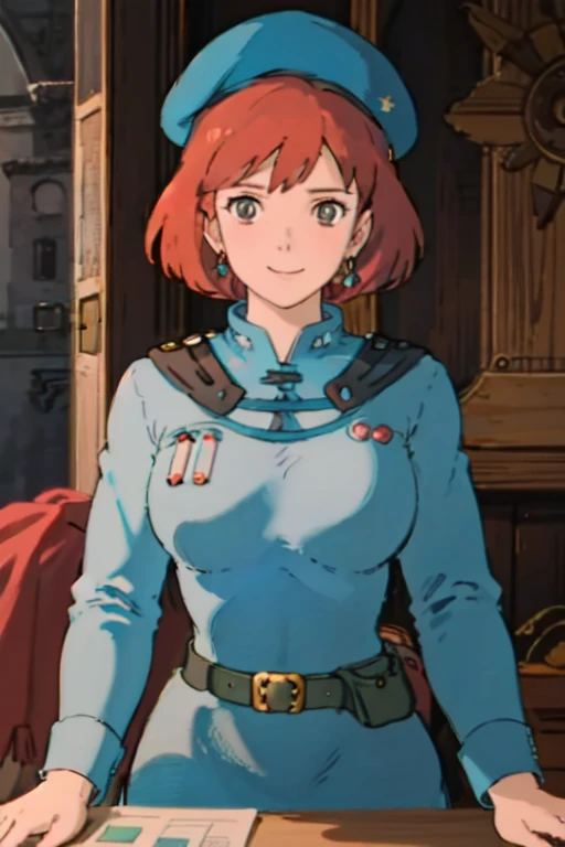 masterpiece, high quality, 1girl,, (masterpiece:1.4), (best qualit:1.4), (high resolution:1.4), 1girl, redhead, big breasts, muscular body, brown eyes, smile, Nausicaa, sit on a chair, colorful, upper body, ghibli style, sfw,  facing the viewer, looking at the viewer, blue uniform, blue skirt, belt, (blue beret)