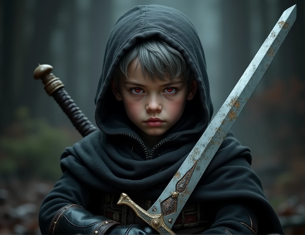 Short grey hair、Red Eyes、A fearless face、Black opaque clothing with leather hood、Wearing gloves、Holding a medieval sword、One caucasican boy Swordsman、8 year、combat style