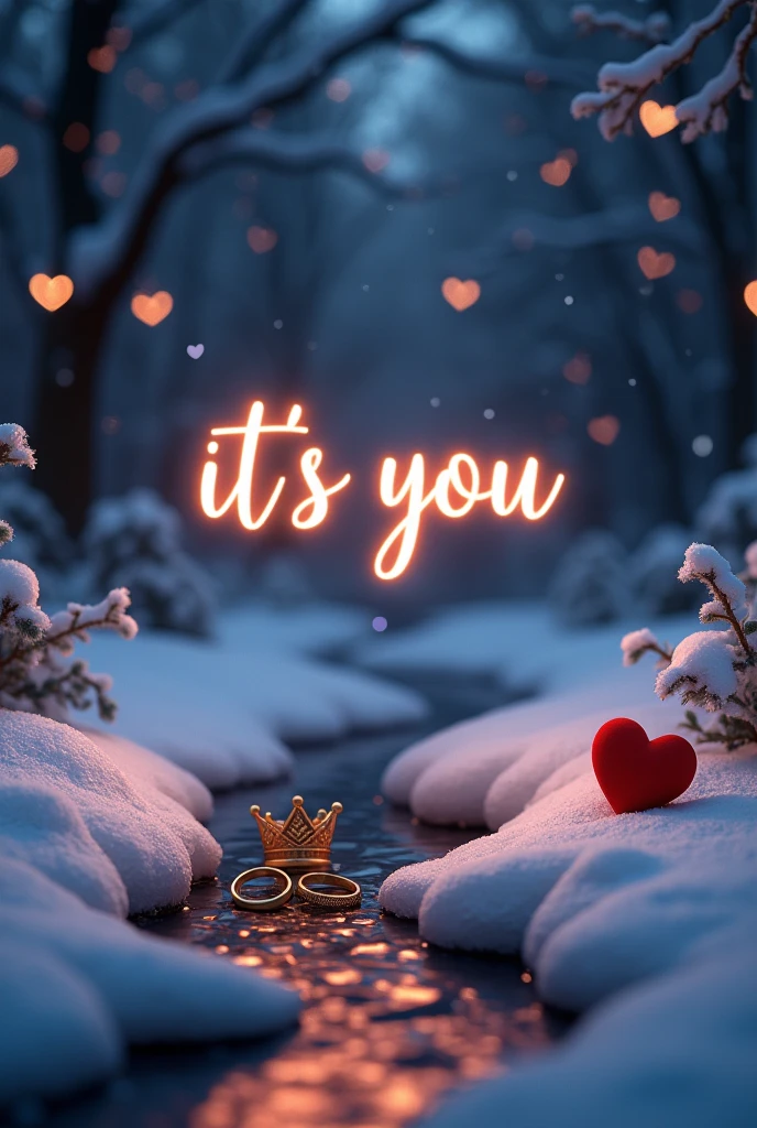 (photorealism:1.2), a text written "IT'S YOU" in love font , a text written " V♡I" under the above text, beautiful dark snow background, filled with small heart glittery lights, a small water running over snow, a beautiful night snow scenery background, snowfall, a small crown, a small red heart , two small rings lying on snow together, a infinity symbol