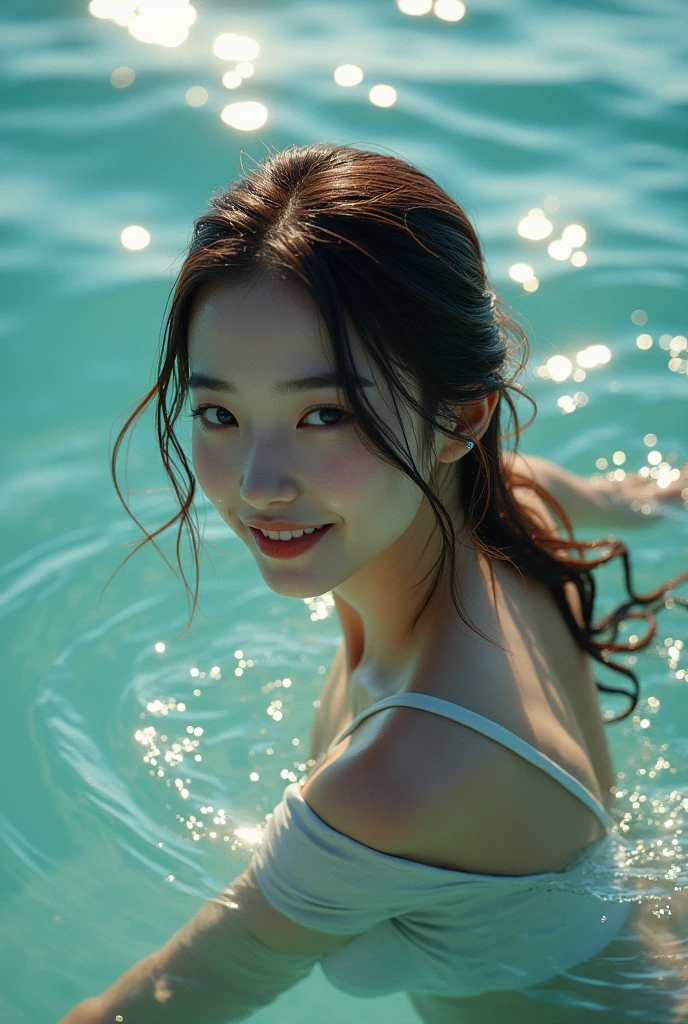 High resolution of a brown-haired Japanese woman swimming in the ocean with a shy smile inviting you to swim with her, ((wet hair)), masterpiece, Anatomically correct, Highest quality, High detail, Textured skin, Ultra-detailed, Cinematography, shiny sun light 