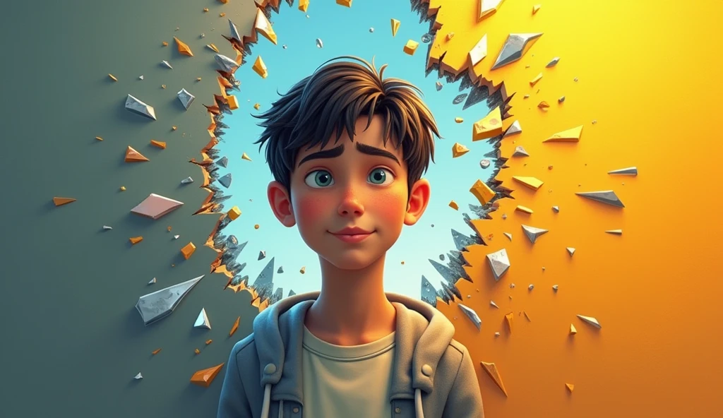 "Generate an image of a person breaking through a glass barrier. The person should appear shy and hesitant on one side of the barrier, with cool, muted tones, while on the other side, they are stepping forward confidently, surrounded by warm, vibrant colors. The glass shards should be flying outward, capturing the moment of breaking free. The person's facial expression should shift from uncertainty to determination, with strong eye contact and a slight smile as they step forward. The background should transition from a dull, grayish tone on the shy side to a bright, energetic color palette on the confident side. Add bold, dynamic text that reads 'Break Your Limits!' positioned near the top, with colors that stand out against the background."