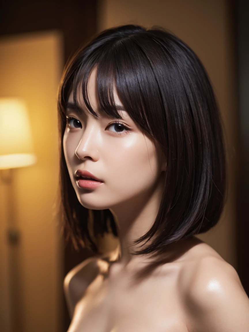 masterpiece:1.2, Very detailed, Ultra-high resolution, Realistic, photo Realistic:1.6, High-resolution RAW color photos, Professional photos, Sharp focus:1.2, Very detailed顔と肌の質感, Very beautiful eyes, Glossのある肌, Glowing Skin, Glowing Skin, Shining Face, Gloss, Oily skin, greasy face, Oily skin, greasy face,, real Glossのある肌 texture, Perfect Anatomy, Very detailed背景,1 female,short hair, Straight hair, bangs, Brown Hair,((Flat Chest:1.5))、((Completely naked)),((A body that is so shiny with oil:1.4))、