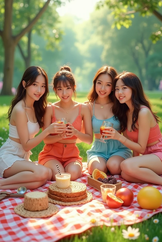 make realistic 4 girl from group I.R.I.S an kpop group, with a friend, summer, musical, picnic concept 