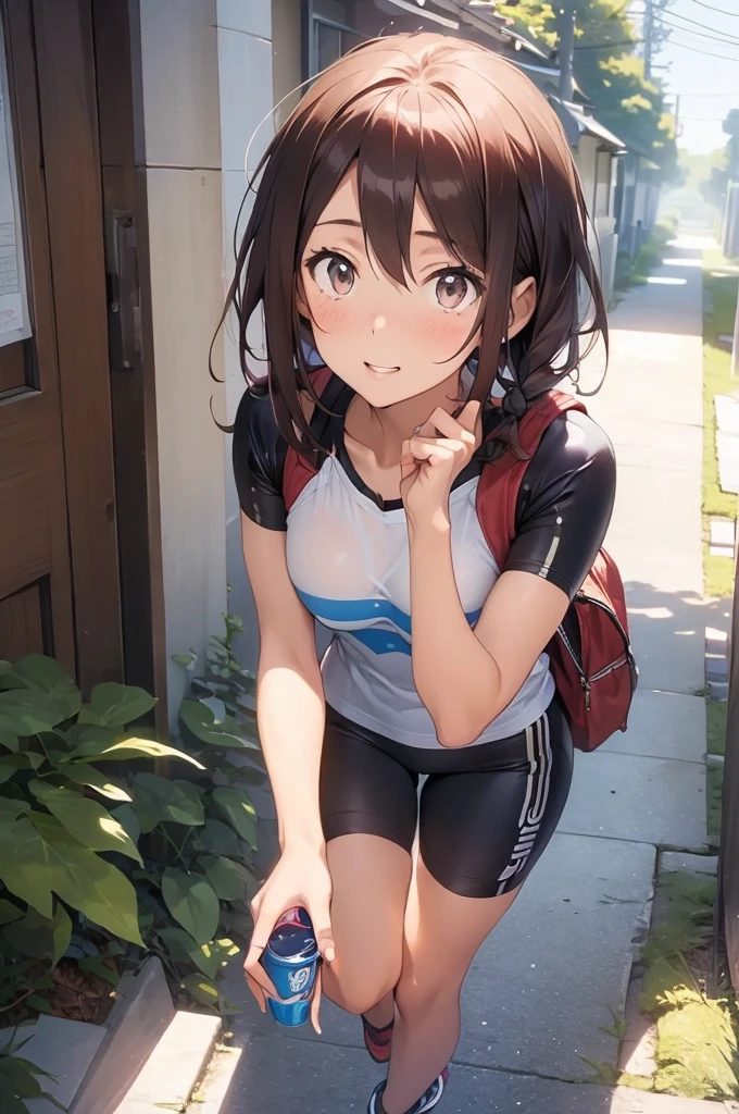 20-years-old, sexy girl, solo, brown hair、looking at the viewer, small face, Beauty, thums up, one person, short sleeve cycling wear, half cycling pants, mountain road, blue sky, (Akane Kurokawa:1), slim, midium breast