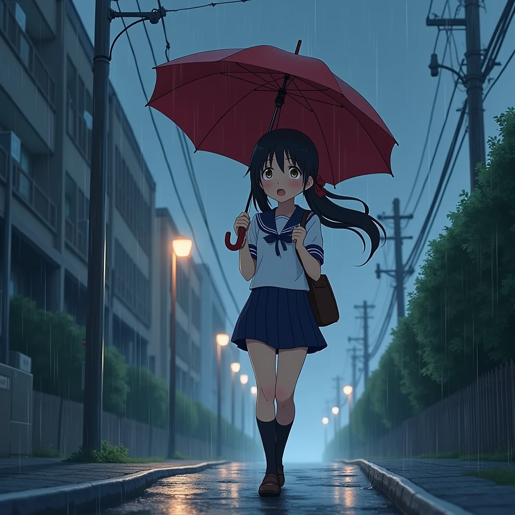 Anime Style, A girl walking down a hill, Walking, Holding an umbrella, Surprised expression, Be confused,
Steep Slope, Slope, Slope 30%,
The girl is wearing a white sailor suit with short sleeves and a navy collar, with a blue ribbon., Wearing a navy blue skirt,
Wearing black high socks, Wearing loafers.
Her hair is very long and black, with low twin tails and red ribbons..
Not high pigtails, Not half-up,
Open red umbrella, Dark brown school bag,
Late teens, Small breasts, Has dark brown eyes.
puddle, Sidewalk, pavement, Japan roads, Town, building, Apartment, Electric pole, electric wire, Town灯, Townの景色,
Uneven roads,
Very heavy rain, fog, Outdoor, evening, from front.