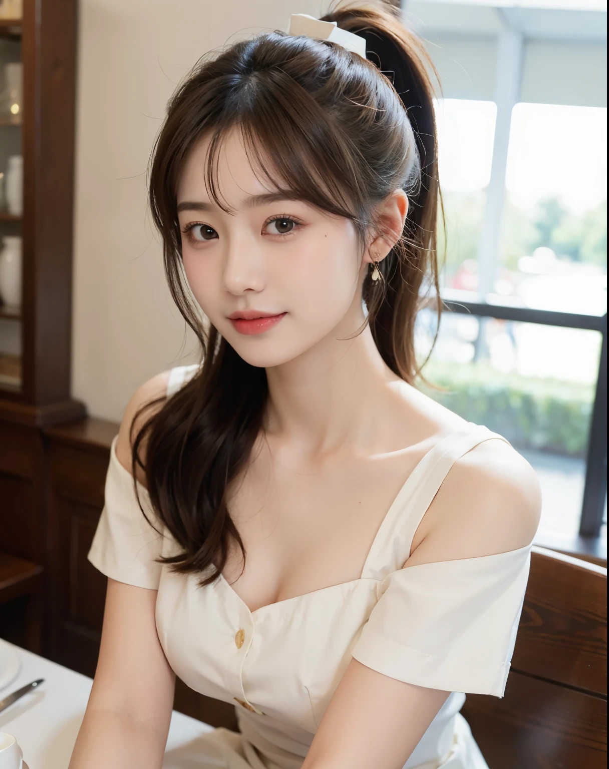 16K, 8K, {{{masterpiece}}}, {{Top quality}}}, {{ultra-detailed}}, {{an extremely delicate and beautiful}},masterpiece, 1 beautiful woman, 35mm lens, f/1, large chest, Cafe Waitress, Natural smile, ponytail