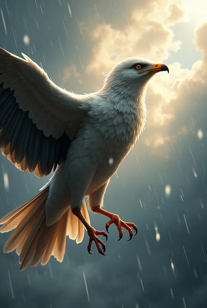 Create a command prompt for a realisian drawing of a bird facing the rain and sun, with expressions of effort on its face. Voando na chuva, realisian