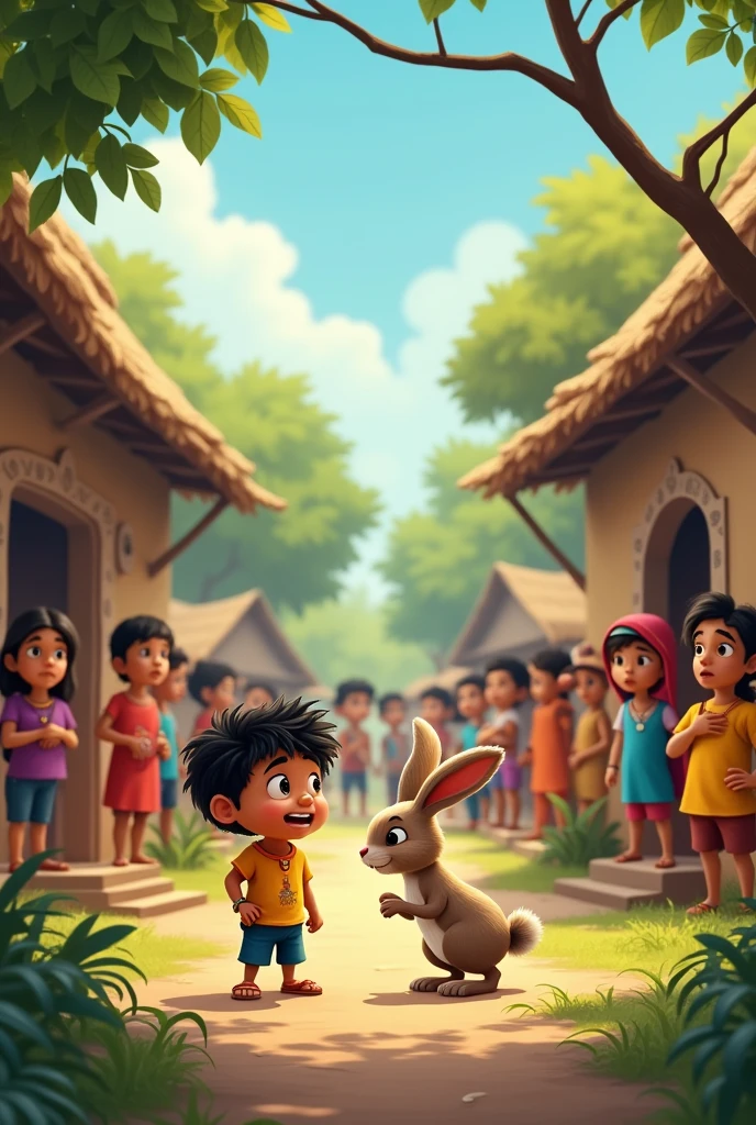 Chintu’s rabbit Clever Plan"

**Scene 1: The Village**
- **Description:** A picturesque, small Indian village with traditional houses and lush greenery. Villagers are seen looking worried and discussing among themselves.